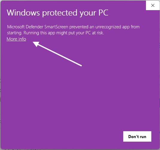 "Windows protected your PC" वाली स्क्रीन — छोटे "More info" लिंक पर क्लिक करें