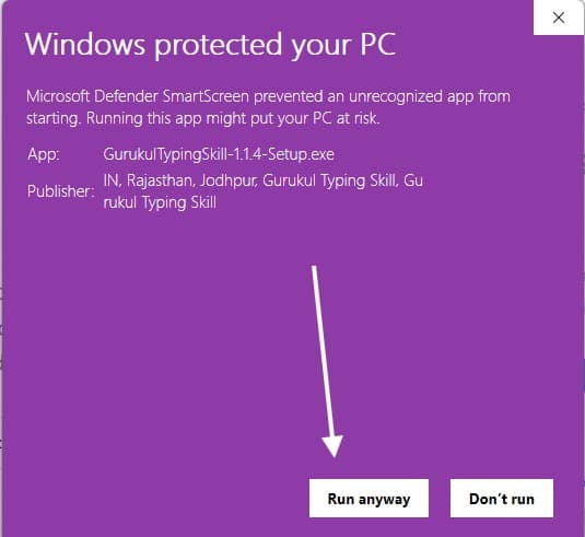 "More info" के बाद हमारा पब्लिशर नाम दिखता है — "Run anyway" पर क्लिक करें