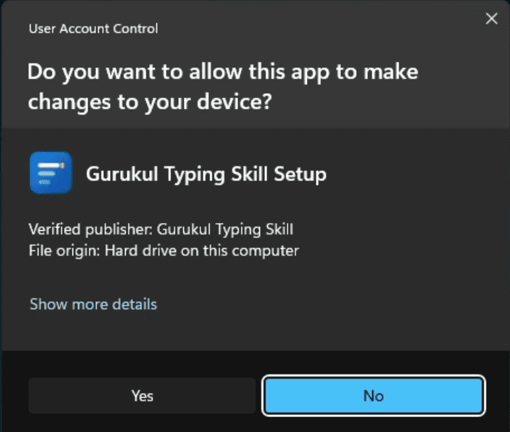 Windows अनुमति मांगते हुए — "Verified publisher: Gurukul Typing Skill" लिखा दिखता है, Yes पर क्लिक करें